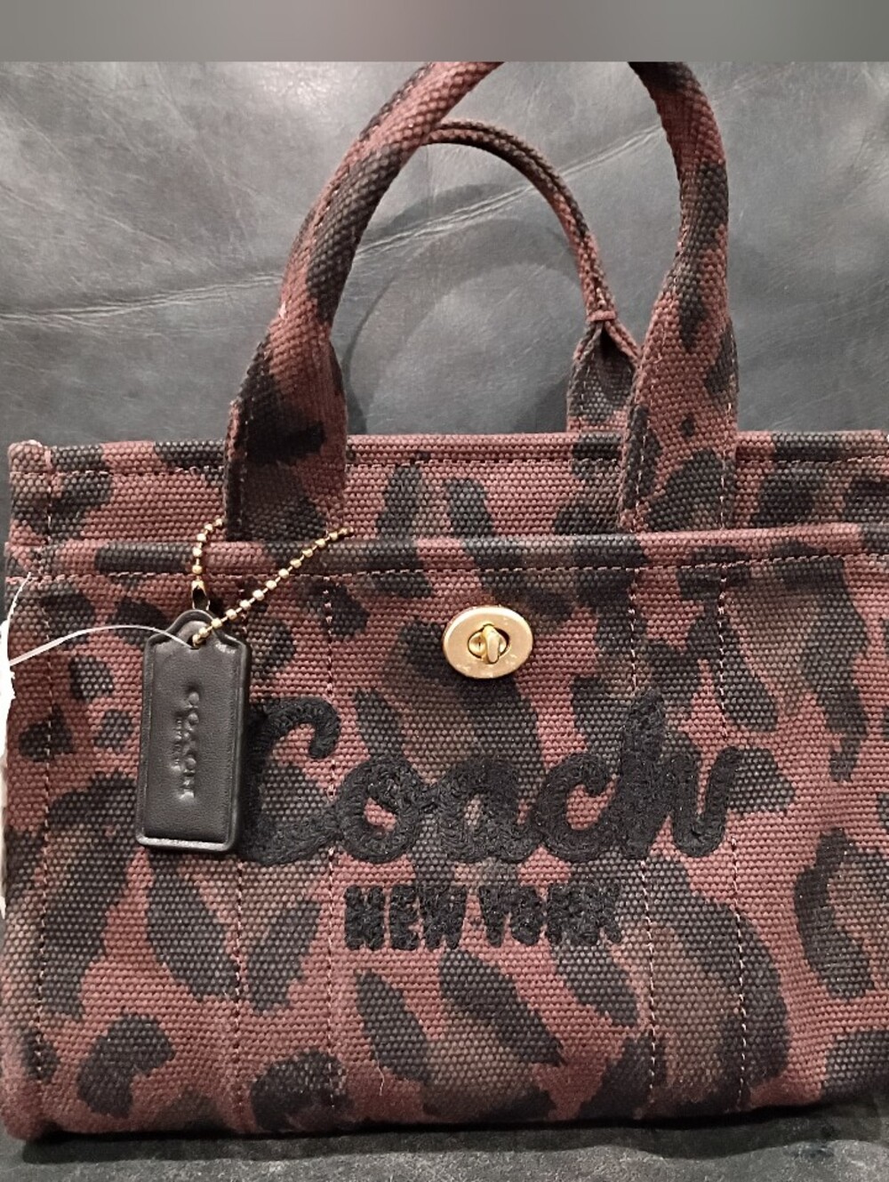 COACH Dark Leopard Print Canvas Tote Bag in Brown & Black